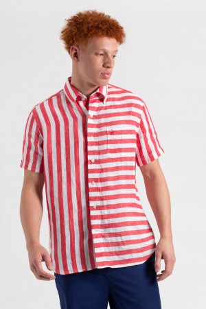 πουκαμισα Ben Sherman B by Ben Sherman Candy Stripe Linen Short Sleeve ροζ κοκκινα | OPF-629145