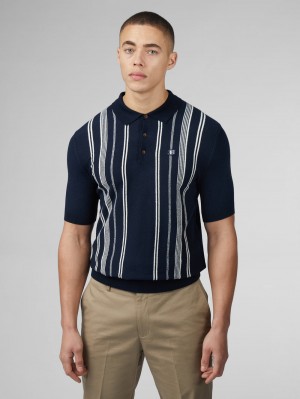 πλεκτά Ben Sherman B by Ben Sherman Crinkle Cotton Stripe Polo σκουρο μπλε | THA-530826