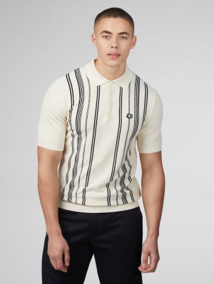 πλεκτά Ben Sherman B by Ben Sherman Crinkle Cotton Stripe Polo ασπρα | BNF-146098