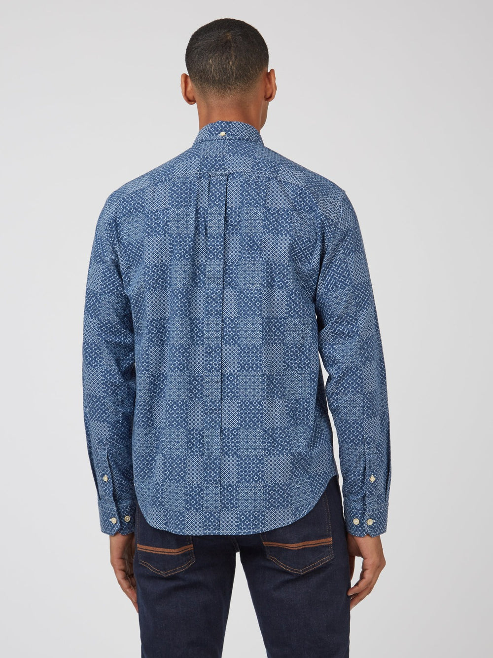 πουκαμισα Ben Sherman Chambray Patchwork Geo Print Long-Sleeve μπλε | KFU-071498