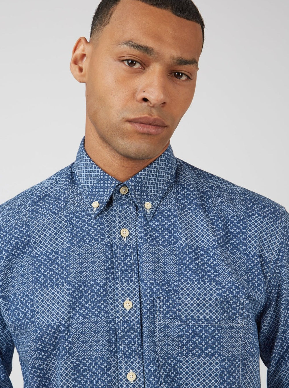 πουκαμισα Ben Sherman Chambray Patchwork Geo Print Long-Sleeve μπλε | KFU-071498