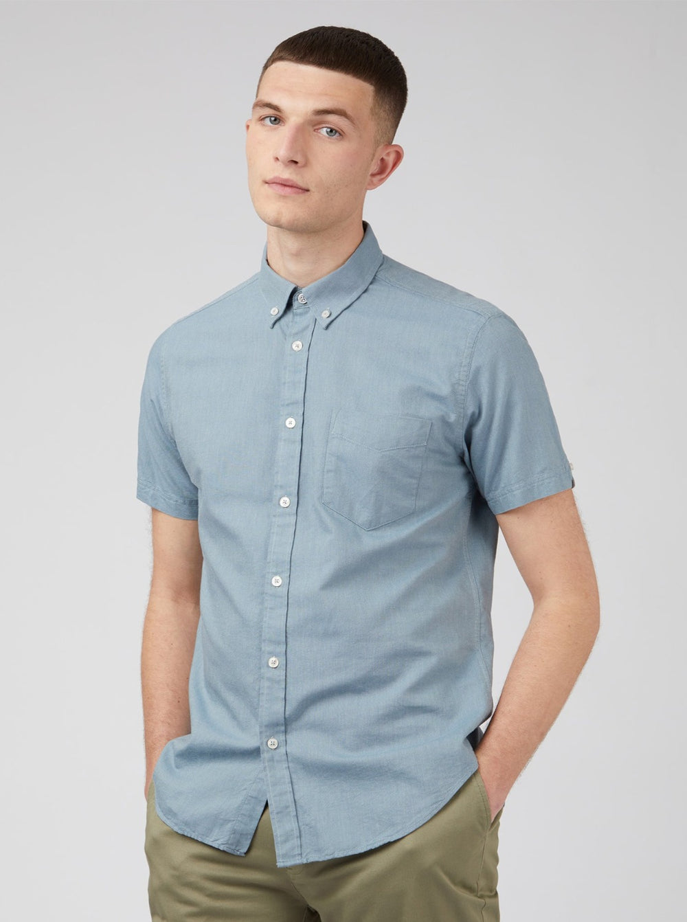 πουκαμισα Ben Sherman Signature Organic Short-Sleeve Oxford Shadow μπλε γκρι | HXI-832954